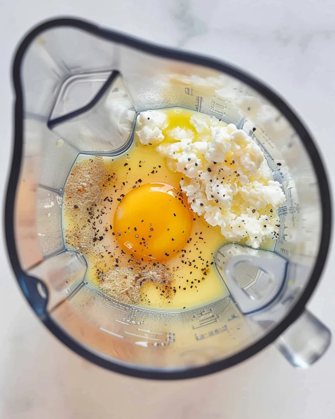 Egg Bite Mixture in Blender Blender with eggs, cottage cheese, and spices for egg bite base