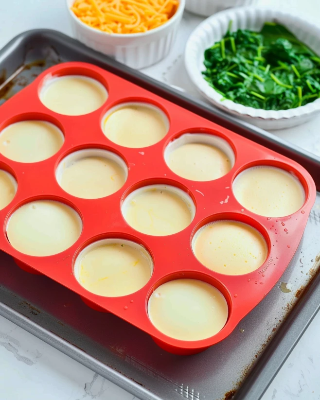 Filling Muffin Tray with Egg Mixture Silicone muffin tray filled with egg and cottage cheese mixture