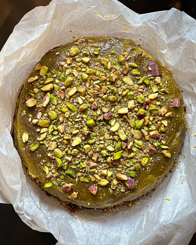 Whole Pistachio Cottage Cheese Cheesecake Ready to Serve Whole pistachio cottage cheese cheesecake topped with crushed pistachios on parchment paper