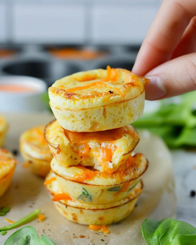 Serving Baked Egg Bites Stacked cottage cheese egg bites with melted cheddar