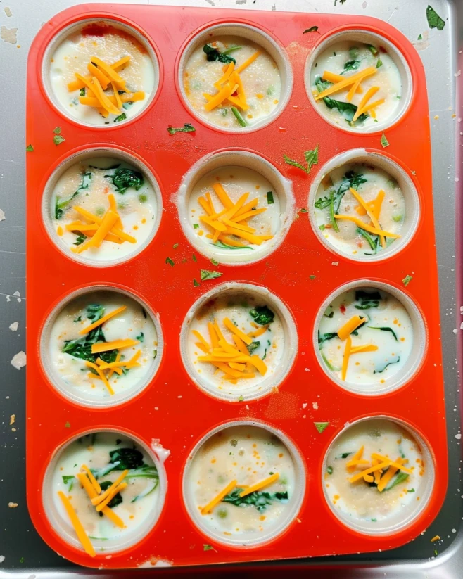 Topped Egg Bites Ready to Bake Unbaked cottage cheese egg bites topped with cheese and spinach