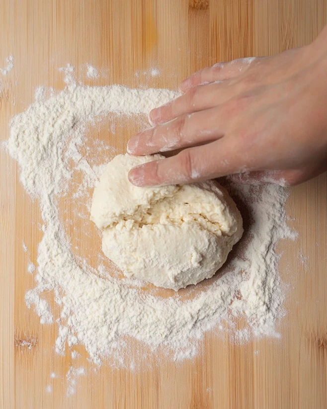 Kneading Cottage Cheese Dough Hand kneading cottage cheese dough on a floured wooden surface