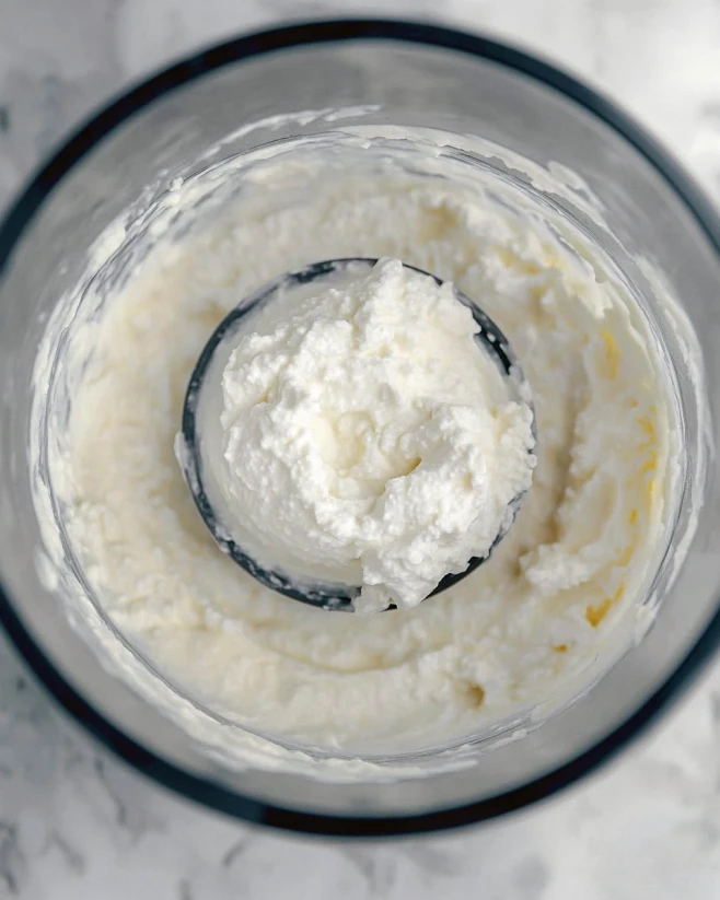 Blending Cottage Cheese Until Creamy Smooth blended cottage cheese in a food processor bowl