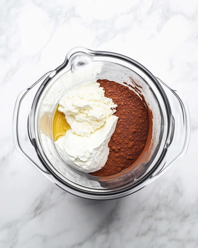 cottage-cheese-chocolate-mousse-blender-ingredients.Webp Cottage cheese, cocoa powder, and maple syrup in a blender ready to be mixed for chocolate mousse