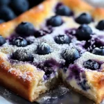 Blueberry Cottage Cheese Breakfast Bake: 7 Reasons You’ll Love It 2 Close-up of a blueberry cottage cheese breakfast bake with golden edges, fresh blueberries, and a dusting of powdered sugar.