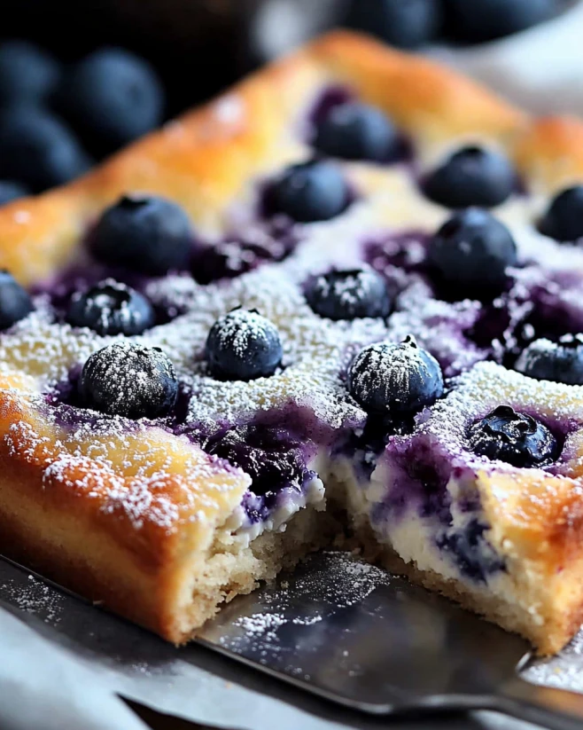 Blueberry Cottage Cheese Breakfast Bake Close-up of a blueberry cottage cheese breakfast bake with golden edges, fresh blueberries, and a dusting of powdered sugar.
