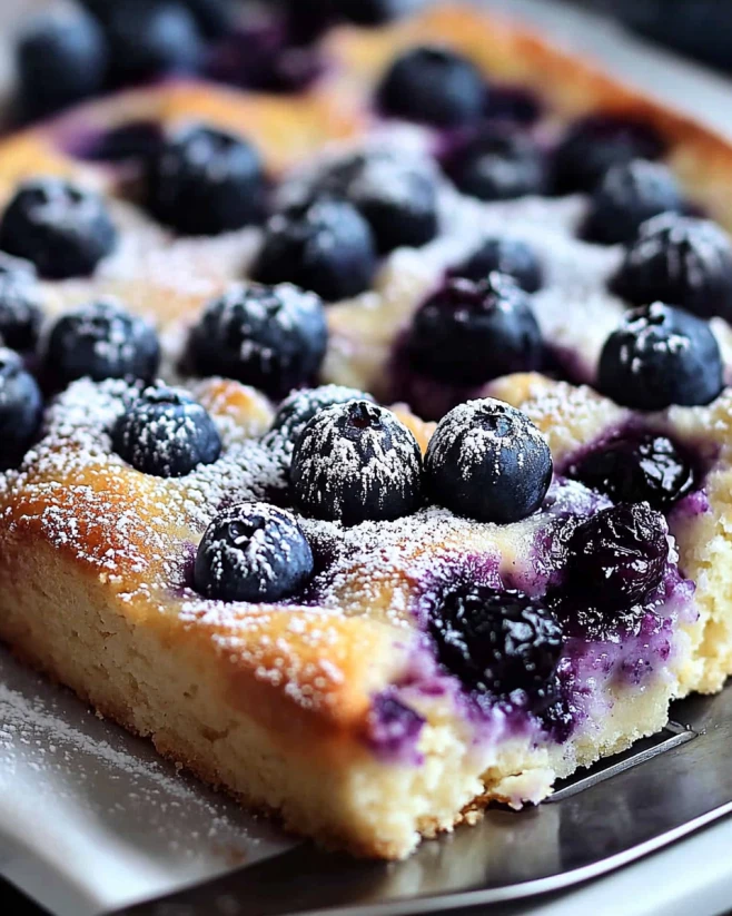 Thick and Creamy Blueberry Cottage Cheese Breakfast Bake A thick slice of blueberry cottage cheese breakfast bake with golden edges, fresh blueberries, and powdered sugar.