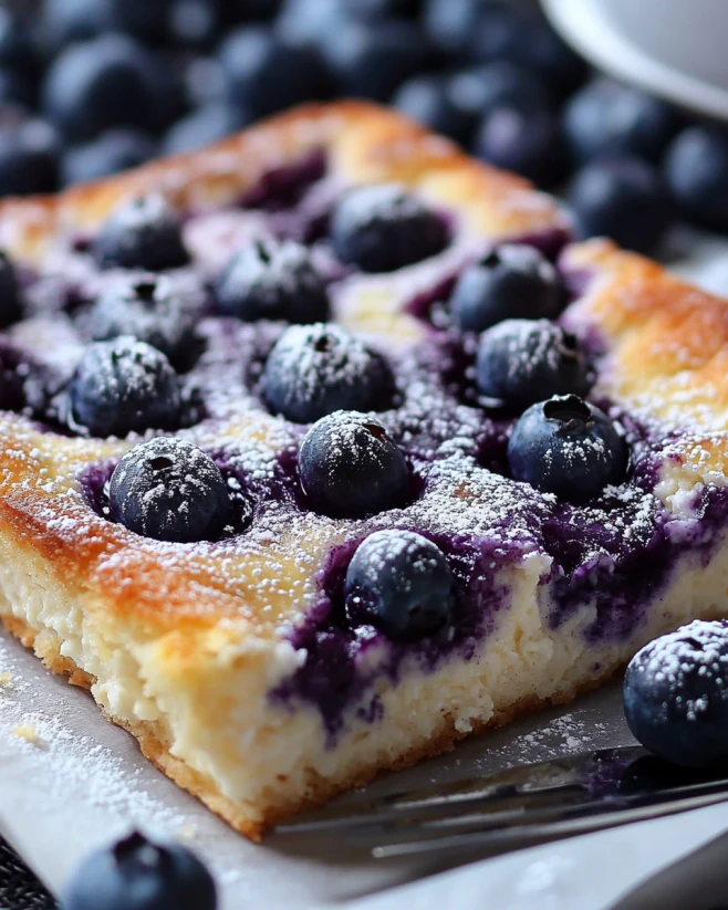 Fresh Blueberry Cottage Cheese Breakfast Bake Blueberry cottage cheese breakfast bake with golden edges, fresh blueberries, and powdered sugar on parchment paper.
