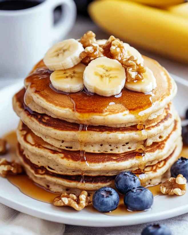 Cottage Cheese Banana Pancakes with Bananas and Syrup Fluffy cottage cheese banana pancakes topped with fresh banana slices, walnuts, and maple syrup