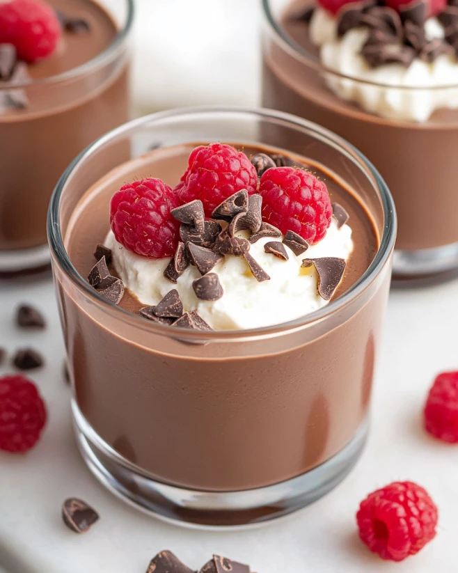 cottage-cheese-chocolate-mousse-with-raspberries-and-chocolate-shavings Cottage cheese chocolate mousse topped with whipped cream, fresh raspberries, and chocolate shavings in a glass jar