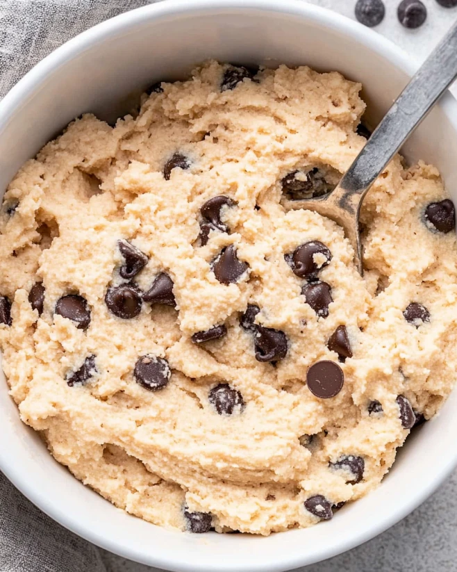 Cottage Cheese Cookie Dough with Chocolate Chips Creamy cottage cheese cookie dough with chocolate chips in a white bowl