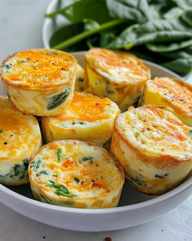 cottage-cheese-egg-bites Fluffy cottage cheese egg bites with spinach and cheddar on a white plate
