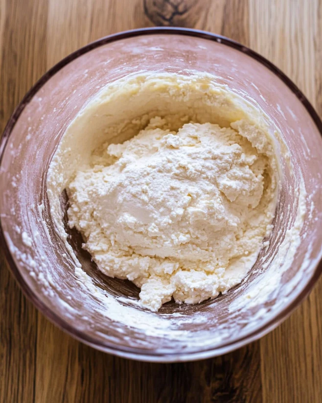 cottage-cheese-pizza-crust-dough-prep Cottage cheese pizza crust dough being mixed in a glass bowl
