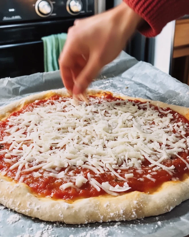 adding-toppings-cottage-cheese-pizza-crust. Hand sprinkling shredded cheese over cottage cheese pizza crust with tomato sauce