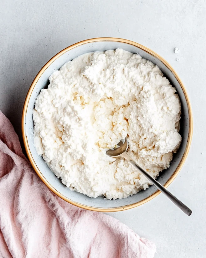 Finished Dairy Free Cottage Cheese Ready to Serve Finished bowl of dairy free cottage cheese with a spoon on a pink napkin