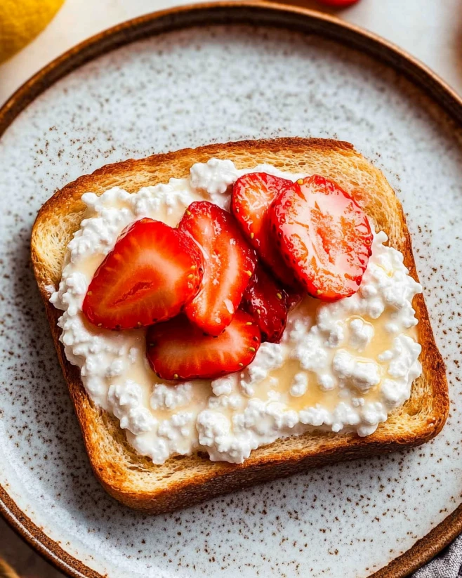 Dairy Free Cottage Cheese Toast with Strawberries Toasted bread topped with dairy free cottage cheese and fresh sliced strawberries