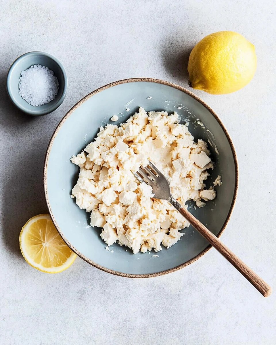 Step 1: Mash Tofu for Dairy Free Cottage Cheese Crumbled tofu in a bowl with fork, lemon, and salt ready for dairy free cottage cheese