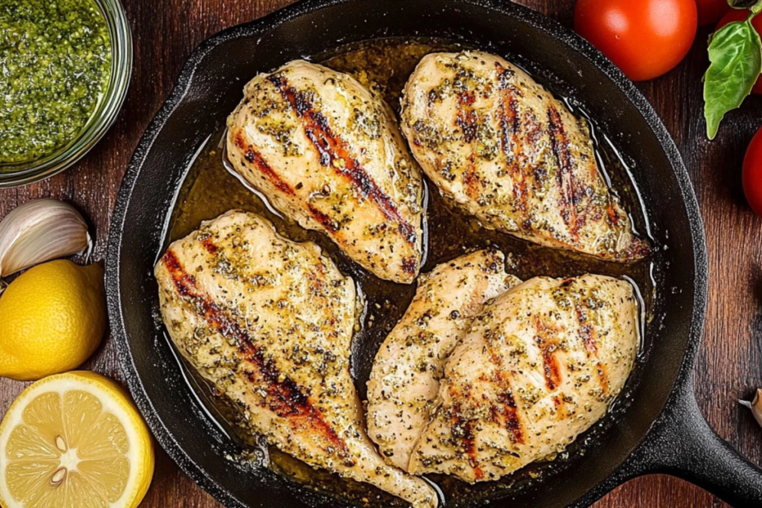 Grilled Chicken Margherita Olive Garden in Cast Iron Skillet Without Toppings Grilled chicken margherita Olive Garden style cooked in lemon garlic sauce before adding toppings