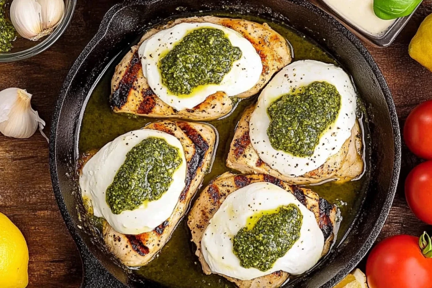 Grilled Chicken Margherita Olive Garden Topped with Mozzarella and Pesto Grilled chicken margherita Olive Garden style topped with fresh mozzarella and basil pesto in a skillet