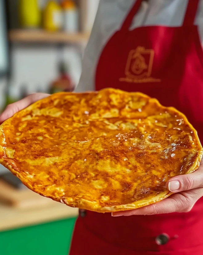Freshly Baked Cottage Cheese Flatbread Woman holding a freshly baked cottage cheese flatbread with golden edges