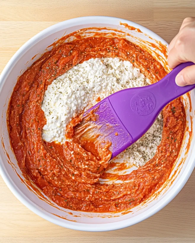 Mixing Cottage Cheese and Marinara for Pizza Bowl Base Hand mixing cottage cheese, marinara sauce, and Italian seasoning in a white bowl with a purple spatula