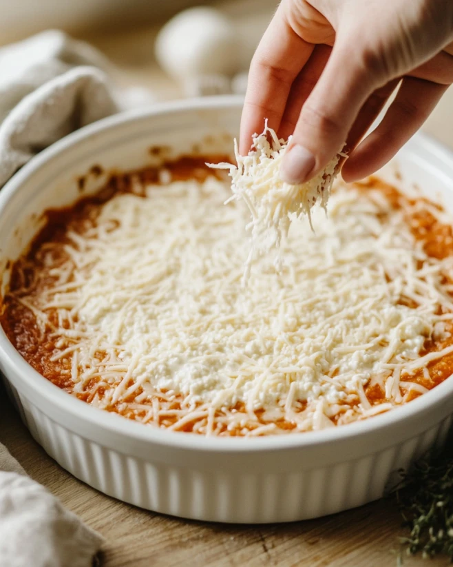 Topping Cottage Cheese Pizza Bowl with Mozzarella Cheese Hand sprinkling shredded mozzarella over a cottage cheese and marinara mixture in a white baking dish