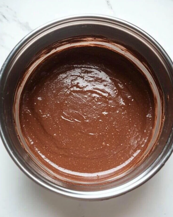 Cottage Cheese Brownie Batter in Mixing Bowl Smooth brownie batter made with cottage cheese in a stainless steel mixing bowl.