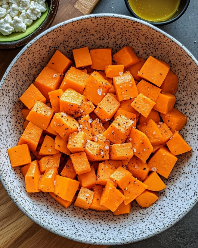 seasoned-sweet-potatoes-prep-beef-sweet-potato-cottage-cheese-bowl Cubed sweet potatoes seasoned with salt, pepper, and olive oil in a speckled bowl for beef sweet potato cottage cheese bowl