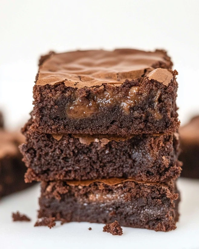 Fudgy Cottage Cheese Brownies with Crinkly Tops Stack of rich, fudgy cottage cheese brownies with shiny crinkly tops and gooey chocolate centers.