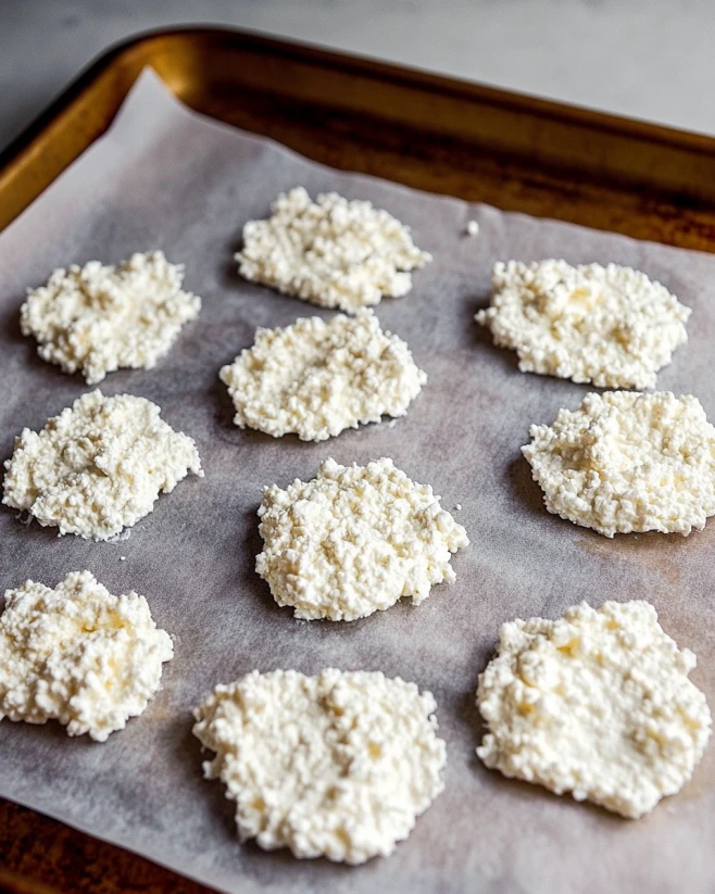 scooped-cottage-cheese-on-baking-tray.webp Scoops of cottage cheese on a parchment-lined baking sheet before flattening
