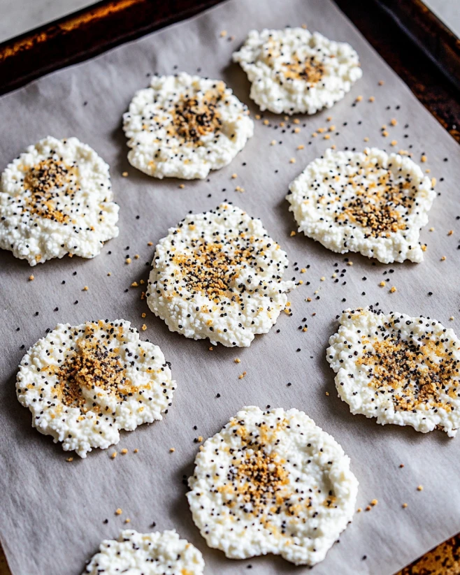 flattened-seasoned-cottage-cheese-chips-prep.webp Flattened cottage cheese chips topped with seasoning before baking