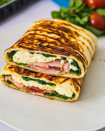 Cottage Cheese Flatbread Wrap with Turkey and Spinach Grilled cottage cheese flatbread wrap filled with turkey, spinach, and creamy cottage cheese