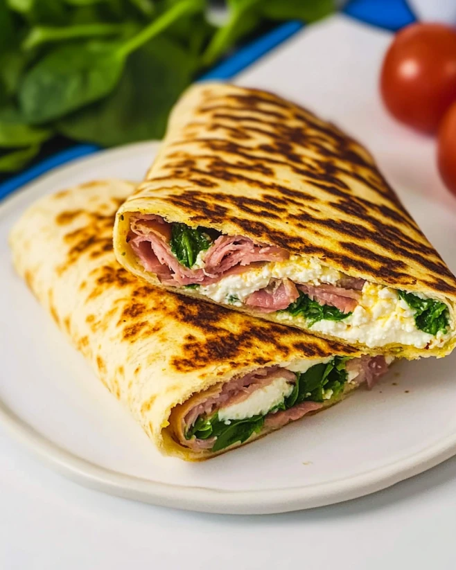 Cottage Cheese Flatbread Wrap with Turkey and Spinach Grilled cottage cheese flatbread wrap filled with ham, spinach, and creamy cottage cheese