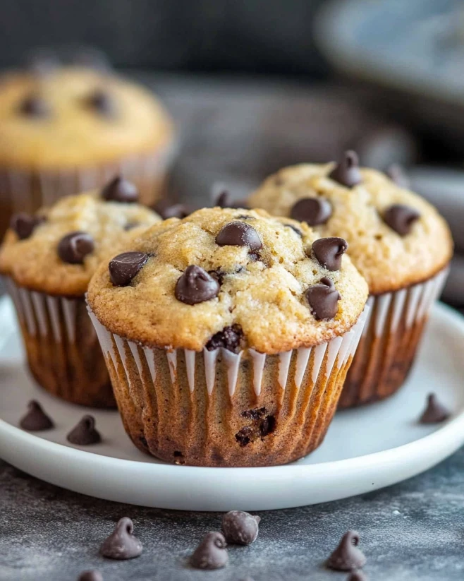 Baked Protein Muffins with Chocolate Chips Freshly baked protein muffins topped with melted chocolate chips