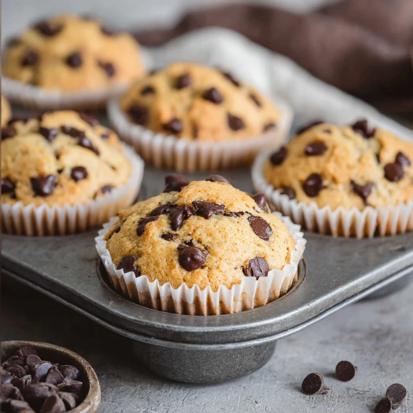 Freshly Baked Chocolate Chip Protein Muffins Chocolate chip protein muffins fresh out of the oven in a muffin tray